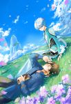  book brown_hair closed_eyes cloud day grass male_focus mikleo_(tales) mooche mountain multiple_boys petals scenery smile sorey_(tales) tales_of_(series) tales_of_zestiria white_hair 