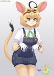  1girl :3 absurdres ahoge animal_ears animal_nose artist_name black_hair black_streaks blonde_hair bob_cut body_fur breast_pocket breasts bubbles_(dooby) buttons checkered_clothes closed_mouth colored_skin commentary cowboy_shot crossed_bangs dog dooby_(vtuber) double-parted_bangs english_commentary flask furrification furry furry_female gloves goggles goggles_on_head gradient_background green_eyes green_neckerchief grey_background hair_ornament hands_up highres hikimayu indie_virtual_youtuber jerboa_tail kappa kemonomimi_mode kippu_(dooby) legs_together looking_ahead madmadmad0489 mascot medium_breasts mouse_ears mouse_girl mouse_tail multicolored_hair multicolored_skin multicolored_tail neckerchief overall_shorts overalls pinstripe_overalls pinstripe_pattern pocket puffy_short_sleeves puffy_sleeves purple_liquid round-bottom_flask shirt short_eyebrows short_hair short_sleeves simple_background smile solo streaked_hair tail tail_raised tail_tuft thick_eyebrows thighs train_conductor two-tone_skin virtual_youtuber white_gloves white_hair white_shirt white_streaks yellow_tail 