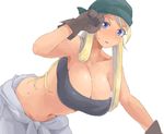  :d bandana bandeau blonde_hair blue_eyes breasts brown_gloves cleavage clothes_around_waist collarbone fullmetal_alchemist gloves hanging_breasts highres huge_breasts long_hair looking_at_viewer minakami_(flyingman555) navel open_mouth simple_background smile solo strapless sweatdrop white_background winry_rockbell 