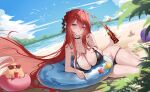  1girl absurdres azur_lane ball bare_shoulders beach beachball bikini black_bikini black_choker blue_sky bottle breasts choker cleavage cola collarbone cushion day dutch_angle fingernails floating_hair groin hair_between_eyes hair_ornament hair_spread_out highres holding holding_bottle large_breasts long_fingernails long_hair looking_at_viewer lying manjuu_(azur_lane) monarch_(azur_lane) monarch_(sovereign_of_the_beach)_(azur_lane) nail_polish official_alternate_costume on_side outdoors pink_eyes plant red_hair red_nails sidelocks sky soda soda_bottle solo swim_ring swimsuit thighs user_vnea4558 very_long_hair wet 