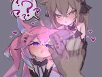  1boy 1girl ? ?? animal_ears bibiko_(shippitsu) black_gloves blush bow bowtie brown_eyes brown_hair empty_eyes fox_ears fox_girl gloves grey_background hair_ornament hairclip heart highres hypnosis indie_virtual_youtuber looking_at_phone mind_control open_mouth otoko_no_ko phone pink_hair pov purple_eyes shippitsu simple_background speech_bubble sweatdrop teletha_(vtuber) upper_body 