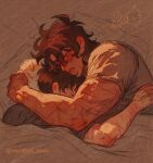  2boys arm_on_another&#039;s_shoulder arm_over_shoulder bandaid bandaid_on_hand black_hair closed_eyes commentary cuddling dokkaebi doodle_inset english_commentary fish hand_on_another&#039;s_waist highres kim_dokja leaning_on_person multiple_boys multiple_scars ocean_sunfish omniscient_reader&#039;s_viewpoint open_mouth scar scars_all_over shirt sleeping spooning squid t-shirt toned toned_male under_covers upper_body vacation_town warm_colored yoo_joonghyuk 