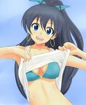  bikini bikini_under_clothes black_hair blue_eyes earrings fangs ganaha_hibiki high_ponytail idolmaster idolmaster_(classic) jewelry long_hair looking_at_viewer open_mouth ponytail smile solo super_freedam swimsuit swimsuit_under_clothes tank_top undressing wet 
