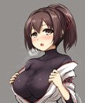  blush breasts breath brown_eyes brown_hair don_(29219) grey_background hair_ribbon ise_(kantai_collection) japanese_clothes kantai_collection large_breasts nontraditional_miko open_mouth ponytail ribbon simple_background skin_tight solo steam sweat taut_clothes undershirt undressing 