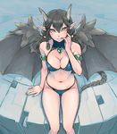 arm_support bat_wings bikini black_hair braid breasts brown_eyes cleavage collarbone cowboy_shot feathered_wings finger_to_mouth fingernails from_above highres horns looking_at_viewer looking_up low_twintails medium_breasts navel original pinky_to_mouth pointy_ears saba_no_misoni_(doddosi) sharp_fingernails sitting smile solo swimsuit tail twin_braids twintails wings 