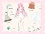  1girl argyle_border bare_arms bare_legs bare_shoulders barefoot black_bow black_ribbon blunt_bangs border bow bowtie brown_hair cat_princess chinese_commentary chinese_text commentary_request dot_nose dress dress-up earrings eyelashes feet floral_border flower flower_earrings footwear_flower frilled_dress frilled_socks frills full_body green_dress green_shoes green_socks hair_bow hair_ribbon halter_dress halterneck infinity_nikki jacket jewelry knees light_blush long_hair looking_at_viewer low_twintails nikki_(nikki) nikki_(series) outline outside_border pink_border pink_bow pink_bowtie pink_eyes pink_hair pleated_dress ribbon see-through_bow shoes short_dress sidelocks sleeveless sleeveless_dress socks solo spring_(season) standing straight-on tareme translation_request tress_ribbon twintails two-tone_dress unworn_dress unworn_earring unworn_jacket unworn_shoes unworn_socks very_long_hair wavy_hair white_bow white_dress white_flower white_jacket white_outline wig yellow_background 