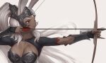  1girl animal_ears black_sleeves bow_(weapon) breasts breasts_apart collarbone commentary dark-skinned_female dark_skin drawing_bow english_commentary final_fantasy final_fantasy_xii forehead_protector fran_(ff12) helmet highres holding holding_bow_(weapon) holding_weapon large_breasts long_hair looking_to_the_side numanoan painterly parted_lips ponytail red_eyes simple_background solo upper_body weapon white_background white_hair 