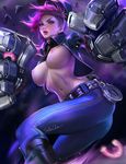  banned_artist breast_tattoo breasts cowboy_shot cuffs debris doughnut ear_piercing earrings food gauntlets handcuffs hat highres jacket jewelry large_breasts league_of_legends lipstick makeup navel necktie nose_piercing officer_vi piercing pink_hair pink_lipstick police_hat purple_eyes sakimichan solo tattoo vi_(league_of_legends) 