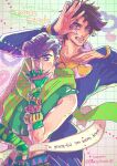  2boys battle_tendency blue_eyes brooch brown_hair character_name commentary commentary_request cosplay costume_switch crop_top diamond_wa_kudakenai english_text father_and_son fingerless_gloves gakuran gloves green_eyes green_gloves green_scarf green_shirt grin heart heart_brooch higashikata_josuke higashikata_josuke&#039;s_pose_(jojo) higashikata_josuke_(cosplay) highres jewelry jojo_no_kimyou_na_bouken jojo_pose jonathan_joestar&#039;s_pose_(jojo) joseph_joestar joseph_joestar_(young) joseph_joestar_(young)_(cosplay) male_focus messy_hair midriff multiple_boys oraorashindoi35 pompadour purple_hair scarf school_uniform shirt sleeveless sleeveless_shirt smile striped_clothes striped_scarf teeth time_paradox vertical-striped_clothes vertical-striped_scarf yellow_scarf 