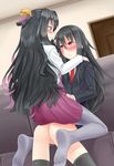  black_hair black_legwear blazer blush commentary couch door dutch_angle hair_ribbon hands_on_another's_shoulders hatsushimo_(kantai_collection) highres jacket kantai_collection long_hair looking_at_another multicolored multicolored_eyes multicolored_hair multiple_girls naganami_(kantai_collection) necktie pantyhose pink_hair pleated_skirt purple_legwear purple_skirt purple_vest red_eyes red_neckwear ribbon room school_uniform shirt skirt socks straddling upright_straddle vest wavy_hair white_shirt yuri zaki_(2872849) 