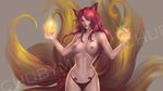  ahri animal_humanoid big_breasts breasts canine chubymi clothed clothing facial_marks female fox fox_humanoid hair half-dressed humanoid invalid_tag league_of_legends long_hair magic mammal navel nipples panties red_hair solo standing topless underwear video_games 