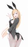  1girl animal_ear_hairband animal_ears ass black_eyes black_leotard blonde_hair detached_collar fake_animal_ears from_behind grey_jacket grey_pantyhose hairband highres jacket kitagawa_marin leotard long_hair looking_at_viewer looking_back osage_gankyou pantyhose pink_nails playboy_bunny rabbit_ears rabbit_tail red_eyes simple_background solo sono_bisque_doll_wa_koi_wo_suru strapless strapless_leotard suit_jacket tail v waving white_background wrist_cuffs 