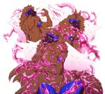 anthro armor big_breasts blue_armor blush bound breast_squish breasts brown_body brown_fur chest_tuft drinking female fur goo_transformation hands_tied hi_res huge_breasts lua_(pacothegint) machine nipples pink_face pink_nipples pink_slime protogen protogen_armor protogen_visor solo squish teazynekit thick_thighs transformation tuft wide_hips