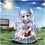  animal_print bench blue_dress blue_hair blue_sky blush bow bowtie box cat_print choker cloud day dress frills gloves grass hair_ribbon highres midna01 mud original outdoors parted_lips purple_eyes ribbon rugby_ball see-through short_sleeves sky smile solo sun twintails waving white_gloves wrist_cuffs 