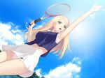  armpits arms_up blonde_hair blue blue_eyes breasts cloud date_wingfield_reiko day fault!! game_cg large_breasts lens_flare long_hair looking_up midriff navel open_mouth panties pantyshot playing skirt sky solo standing sunlight sweat tanaka_takayuki tennis underwear upskirt white_panties 
