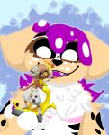 amiibo anthro arm_tattoo canid canine canis chest_tattoo domestic_dog eyemask eyewear fluffy fluffy_chest freckles frye_(splatoon) fur hi_res lineless looking_at_object mammal mastectomy_scar multicolored_body nintendo paws scar solo splatoon tattoo vobolni317 yellow_body yellow_fur