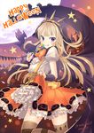  :q artist_name blonde_hair brown_legwear buttons cagliostro_(granblue_fantasy) candy cape castle food food_print frilled_skirt frills full_moon granblue_fantasy halloween happy_halloween leg_up lollipop long_hair looking_at_viewer monikon13 moon orange_skirt orange_sky puffy_short_sleeves puffy_sleeves pumpkin purple_eyes shirt short_sleeves silhouette skirt skirt_lift sky solo standing standing_on_one_leg star suspenders sweets thighhighs tongue tongue_out white_shirt zettai_ryouiki 