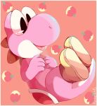  artist_name berries big_eyes boots commentary dinosaur feet_up hands_on_own_chest mario_(series) no_humans orange_background pink_skin purpleninfy saddle tail tongue tongue_out yoshi 