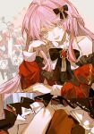  1girl bang_dream! bang_dream!_it&#039;s_mygo!!!!! black_bow black_bowtie bow bowtie braid chihaya_anon clothing_cutout dress fang grey_eyes hair_bow half_up_braid highres hikawayunn long_hair long_sleeves looking_at_viewer open_mouth pink_hair red_brooch red_dress shoulder_cutout solo 