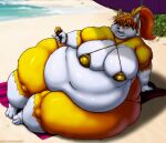2025 absurd_res anthro beach beach_towel beach_umbrella belly big_belly big_breasts bikini blush breasts canid canine clothing deep_navel dessert digital_media_(artwork) female food fox fur gold_bikini hair hi_res huge_belly huge_breasts huge_thighs ice_cream ice_cream_cone if_hell_had_a_taste mammal multicolored_body multicolored_fur navel obese obese_anthro obese_female orange_eyes orange_hair overweight overweight_anthro overweight_female parasol ponytail seaside solo swimwear thick_thighs tiffany_brewwer towel two-piece_swimsuit two_tone_body two_tone_fur viroveteruscy white_body white_fur