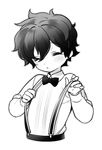  :&lt; blush bow bowtie closed_eyes greyscale kekkai_sensen leonardo_watch long_sleeves male_focus monochrome simple_background solo suspenders tooru white_background 