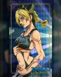  1girl blonde_hair breasts bun_with_braided_base butterfly_tattoo collarbone cone_hair_bun crop_top double_bun eyeshadow fingernails genda_art green_eyes green_eyeshadow green_hair green_lips green_nails hair_bun highres jojo_no_kimyou_na_bouken kujo_jolyne lipstick makeup midriff multicolored_hair navel_piercing piercing solo spider_web_print star_(symbol) stone_ocean tattoo two-tone_hair 