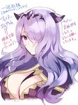  breasts camilla_(fire_emblem_if) capelet cleavage fire_emblem fire_emblem_if hair_over_one_eye hanokage large_breasts long_hair looking_at_viewer purple_eyes purple_hair shiny shiny_hair solo strap text_focus tiara translation_request upper_body wavy_hair 