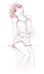  bare_arms bare_shoulders buttons collarbone looking_at_viewer monochrome navel original parted_lips shorts sketch solo traditional_media yoshitomi_akihito 