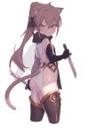  1boy absurdres ahoge animal_ears ass bare_shoulders bibiko_(shippitsu) black_gloves blush boots bow brown_eyes brown_hair cowboy_shot cropped_legs elbow_gloves from_behind gloves hair_between_eyes hair_bow high_ponytail highres holding holding_knife indie_virtual_youtuber knife leotard long_bangs looking_at_viewer looking_back open_mouth otoko_no_ko ponytail shippitsu sidelocks simple_background solo tail thigh_boots white_background 