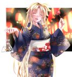  1girl alternate_costume bag bagged_fish blonde_hair blue_kimono blush border candy_apple closed_eyes fate_testarossa fish floral_print floral_print_kimono food goldfish highres holding_candy_apple japanese_clothes kimono lantern long_hair looking_at_viewer lyrical_nanoha mahou_shoujo_lyrical_nanoha_strikers obi outside_border paper_lantern print_kimono sash smile solo sougetsu_izuki standing summer_festival very_long_hair white_border yukata 