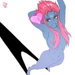  &lt;3 barefoot blue_skin breasts evelynn female forehead_mark hair league_of_legends looking_at_viewer navel nipples nude pink_hair pointy_ears ranger_squirrel short_hair simple_background slit_pupils smile solo standing video_games white_background yellow_eyes 