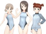  aki_(girls_und_panzer) bare_arms bare_shoulders blush brown_eyes brown_hair clenched_hand collarbone competition_swimsuit flat_chest girls_und_panzer green_eyes hand_on_hip jacket long_hair looking_at_viewer mika_(girls_und_panzer) mikko_(girls_und_panzer) multiple_girls one-piece_swimsuit parted_lips raglan_sleeves simple_background smile standing striped striped_swimsuit swimsuit swimsuit_under_clothes takafumi thigh_gap track_jacket two_side_up zipper 