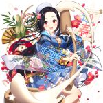  1girl :d arrow_(projectile) bamboo beret black_hair blue_dress blue_kimono blush bow bow_(weapon) branch breasts camellia clarice_lapis cleavage dress egasumi floral_print flower folding_fan frills hair_flower hair_ornament hand_fan hat hat_bow holding instrument japanese_clothes kimono long_hair long_sleeves looking_at_viewer open_mouth paddle parted_bangs petals pink_flower print_kimono red_eyes red_flower ribbon salt_(salty) scroll skirt smile solo star_(symbol) takao_(kancolle) tassel uchi_no_hime-sama_ga_ichiban_kawaii very_long_hair weapon wide_sleeves 