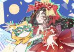  1girl :3 animal argyle_bow back_bow bare_shoulders bead_necklace beads black_hair blue_background bow bowtie brooch brown_eyes cat cat_princess chinese_commentary cloak clothed_animal collarbone commentary_request confetti cowboy_shot crimson_rhapsody_(infinity_nikki) dancing detached_sleeves dress drop_shadow eyeshadow facepaint frilled_sleeves frilled_wrist_cuffs frills green_mask hair_bow hair_ribbon halftone halftone_background happy heart heart_brooch hime_lolita hood hood_up hooded_cloak infinity_nikki jewelry large_bow lolita_fashion long_dress long_hair looking_at_viewer makeup making-of_available mask masquerade_mask momo_(nikki) multiple_hair_bows navel necklace nikki_(nikki) nikki_(series) open_mouth orange_bow orange_bowtie outstretched_arms outstretched_hand parted_bangs pink_eyeshadow puffy_short_sleeves puffy_sleeves red_bow red_dress red_ribbon red_sleeves red_wrist_cuffs ribbon short_sleeves smile strapless strapless_dress traditional_bowtie triangle two-tone_bow two-tone_bowtie two-tone_ribbon very_long_hair wavy_hair whiskers white_cat wrist_cuffs yellow_bow yellow_cloak yellow_ribbon 