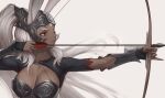  1girl animal_ears black_sleeves bow_(weapon) breasts breasts_apart collarbone commentary dark-skinned_female dark_skin drawing_bow english_commentary final_fantasy final_fantasy_xii forehead_protector fran_(ff12) helmet holding holding_bow_(weapon) holding_weapon large_breasts long_hair looking_to_the_side numanoan painterly parted_lips ponytail red_eyes simple_background solo upper_body weapon white_background white_hair 
