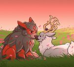 antlers arcanine blush canid canine cervine deer duo feral fur generation_1_pokemon generation_8_pokemon grass grey_body grey_fur hi_res hisuian_arcanine hisuian_form horn looking_at_another love male male/male mammal mane nintendo orange_body orange_fur outside petals plant pokemon pokemon_(species) red_body red_fur regional_form_(pokemon) shyblacksheep signature sunset white_body white_fur wind wyrdeer