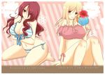  bikini blonde_hair blush bow breasts curly_hair drink drinking_straw flower hair_over_one_eye hibiscus higurashi_no_naku_koro_ni kirijou_mitsuru large_breasts long_hair looking_at_viewer multiple_girls persona persona_3 red_eyes ribbon roku_(345) seiza sitting smile swimsuit takano_miyo thighs 