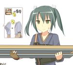  anger_vein breast_conscious commentary empty_eyes fingerless_gloves gloves green_eyes green_hair kantai_collection rexlent translation_request twintails zuikaku_(kantai_collection) 
