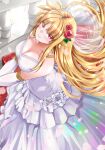  1girl alternate_costume bare_shoulders blonde_hair breasts breasts_squeezed_together bridal_veil cleavage closed_mouth collarbone commentary_request dress elbow_gloves fate_testarossa flower gloves hair_flower hair_ornament highres indoors large_breasts long_dress long_hair looking_at_viewer looking_up lyrical_nanoha mahou_shoujo_lyrical_nanoha mahou_shoujo_lyrical_nanoha_strikers red_eyes solo sougetsu_izuki standing strapless strapless_dress veil very_long_hair wedding_dress white_dress white_gloves 