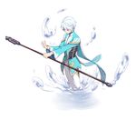  cape male_focus mikleo_(tales) purple_eyes sh_555 solo staff tales_of_(series) tales_of_zestiria water white_hair 