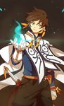  asymmetrical_gloves belt blue_shirt bracelet brown_background brown_hair brown_pants cape feathers fingerless_gloves gloves green_eyes jewelry looking_at_viewer male_focus pants shirt short_hair simple_background smile sorey_(tales) sword tales_of_(series) tales_of_zestiria weapon white_gloves yanzhan 