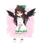  andy_kobayashi bangs between_legs black_wings blush bow brown_hair collar eyebrows eyebrows_visible_through_hair green_bow hair_bow hand_between_legs have_to_pee long_hair long_sleeves open_mouth pink_legwear red_eyes reiuji_utsuho socks solo tears touhou translation_request wings younger 