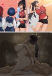  1boy 3girls absurdres black_buruma black_hair blue_hair blue_sailor_collar breasts buruma commentary_request hetero highres horai_sennkyo idolmaster idolmaster_shiny_colors large_breasts long_hair multiple_girls nipples nude ponytail red_shirt reverse_cowgirl_position sailor_collar school_uniform serafuku sex shirase_sakuya shirt short_hair sportswear straddling textless_version volleyball volleyball_uniform white_shirt wiping_sweat yellow_eyes 