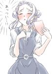  1girl absurdres arashi_chisato bangs_blown_up blush collared_shirt commentary_request cowboy_shot double_bun dress dress_shirt facing_viewer fanning_self frown grey_dress hair_bun highres holding holding_paper hot long_hair love_live! love_live!_superstar!! motion_lines paper pinafore_dress pleated_dress raised_inner_eyebrows school_uniform shirt short_sleeves sidelocks simple_background sleeveless sleeveless_dress sleeves_rolled_up solo speed_lines twintails uduki_fuji white_background white_hair white_shirt yuigaoka_school_uniform 