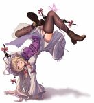  1girl 2violetdetector absurdres black_thighhighs blonde_hair boots breasts brown_boots dress gap_(touhou) hat highres long_hair mob_cap purple_tabard red_eyes smile solo tabard thigh_strap thighhighs tongue tongue_out touhou white_background white_dress yakumo_yukari 