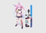  1girl absurdres ahoge animal_ears bandaid bandaid_on_leg bandaids_on_nipples belt belt_collar black_gloves black_thighhighs blush bow bowtie breasts clothes_lift collar crop_top denim fox_ears fox_girl gloves gradient_hair grey_background hair_between_eyes hair_bow hands_on_own_crotch head_tilt highres indie_virtual_youtuber jeans long_bangs long_hair looking_at_viewer multicolored_hair navel pants pasties pink_hair purple_eyes shadow shippitsu shirt shirt_lift shoes sidelocks simple_background sneakers solo standing teletha_(vtuber) thigh_strap thighhighs twintails waist_bag white_shirt yellow_bow yellow_bowtie 