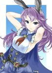  alternate_hair_color animal_ears armpits belt blue_background blue_eyes breasts bunny_ears cape dress erune ferry_(granblue_fantasy) granblue_fantasy hand_behind_head hand_in_hair jewelry kz_nagomiya long_hair looking_at_viewer parted_lips purple_hair sideboob simple_background single_earring sleeveless sleeveless_dress small_breasts solo sword weapon 