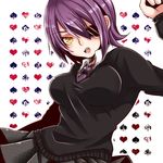  blush breasts eyepatch fang gloves heart kantai_collection large_breasts necktie open_mouth purple_hair school_uniform short_hair silco solo spade_(shape) tenryuu_(kantai_collection) yellow_eyes 