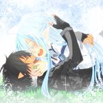  1girl asuna_(sao) asuna_(sao-alo) black_hair blue_hair closed_eyes couple halya hetero holding_hands jewelry kirito kirito_(sao-alo) long_hair lying pointy_ears ring short_hair sword_art_online 