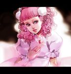  athenacg blurry curly_hair depth_of_field dress food fruit hair_ornament jewelry letterboxed lipstick makeup miwako_(paradise_kiss) paradise_kiss pink pink_dress pink_eyes pink_hair pink_lipstick ring solo strawberry upper_body 